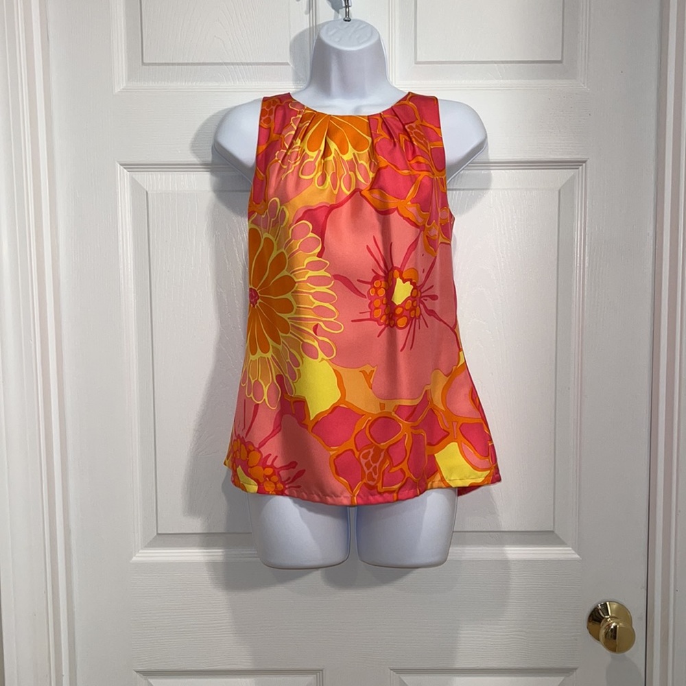 Silk blouse, Bright pink, orange, yellow. Bow detail back. Just dry cleaned.